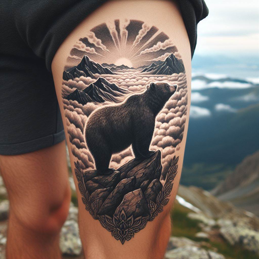 A bear standing atop a rocky peak, looking over a landscape blanketed in clouds, tattooed behind the calf. The design captures a moment of solitude and reflection, emphasizing the bear's role as a symbol of strength and independence. The calf's curve enhances the sense of depth and perspective in the landscape.