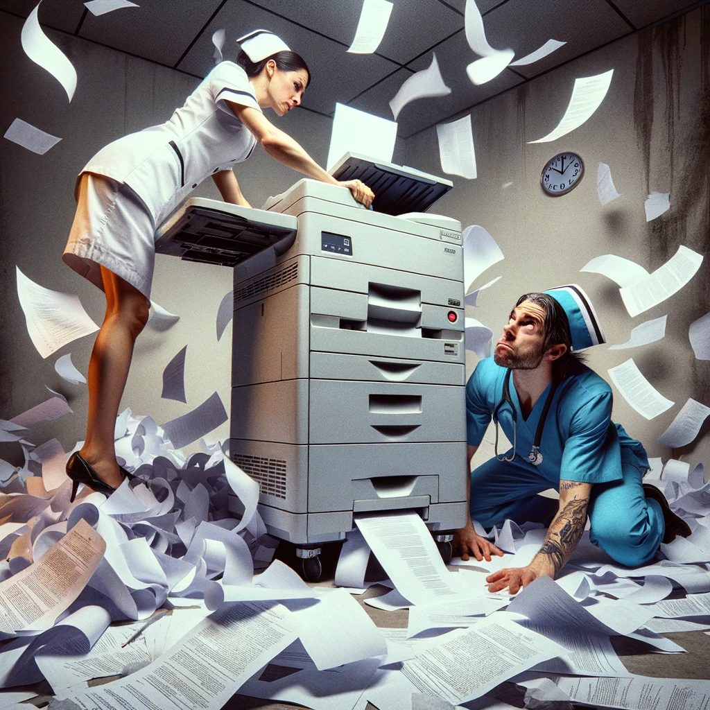 A scene of comedic frustration where a nurse is battling a jammed printer, papers scattered everywhere around them. The nurse looks determined and almost comical as they try to fix the machine, symbolizing the universal struggle with workplace technology. The atmosphere is chaotic yet humorous, showcasing the resilience and resourcefulness of nurses. Caption at the bottom reads: "Nurse vs. Printer: A timeless struggle."