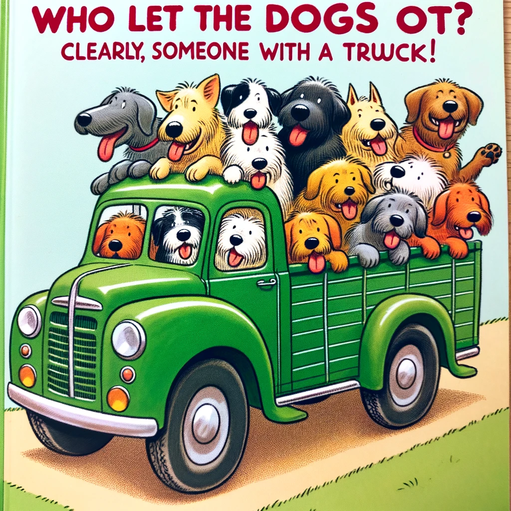 An illustration of a green truck filled with dogs, sticking their heads out in every direction. The caption reads, "Who let the dogs out? Clearly, someone with a truck!"