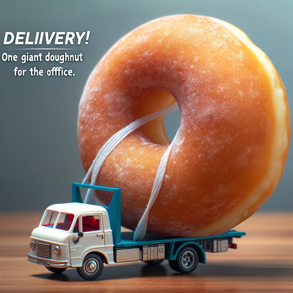 A comical image of a tiny toy truck carrying a single, oversized doughnut, struggling under the weight. The caption reads, "Delivery! One giant doughnut for the office."