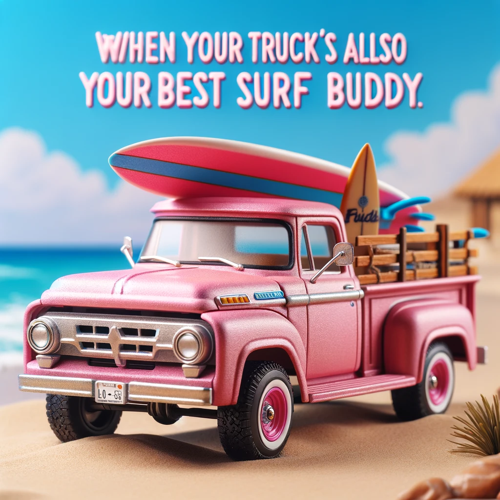 A playful image of a pink truck on a beach, with a surfboard attached to the side. The caption reads, "When your truck's also your best surf buddy."