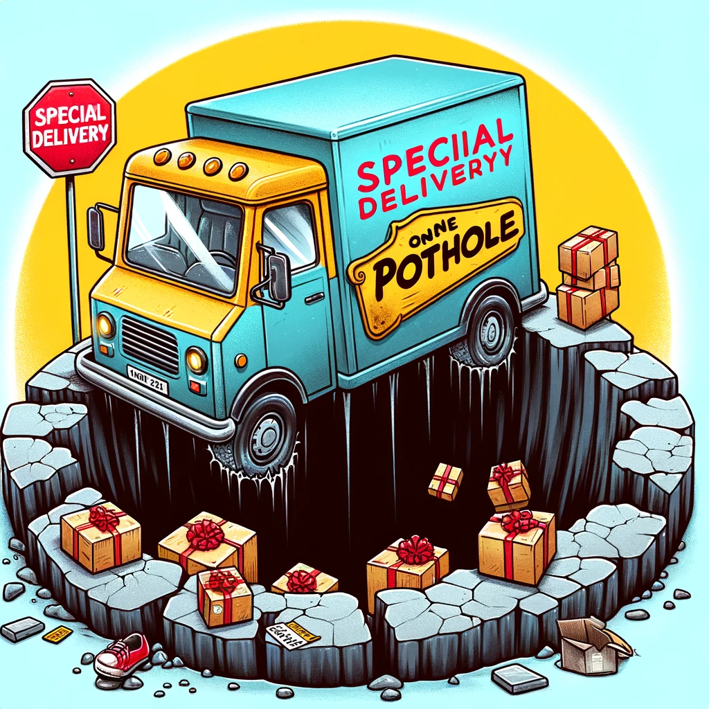 A quirky illustration of a delivery truck stuck in a giant pot hole, with packages scattered around. The caption reads, "Special delivery: one giant pothole."