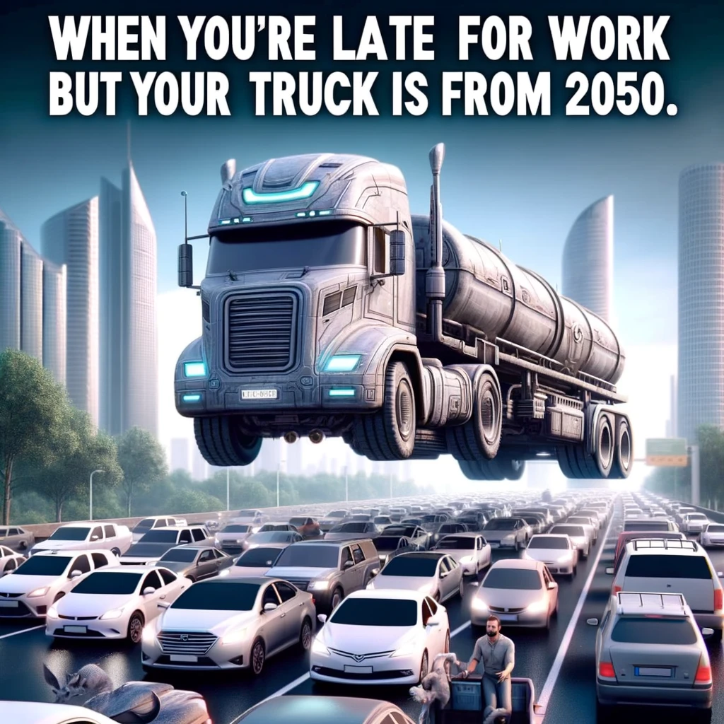 A satirical image of a futuristic truck hovering above a traffic jam, with confused drivers looking up. The caption reads, "When you're late for work but your truck is from 2050."