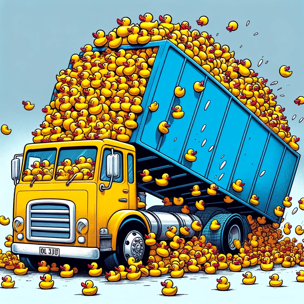 An amusing illustration of a truck loaded with an absurd number of rubber ducks, about to tip over. The caption reads, "Rubber duck delivery gone wrong."
