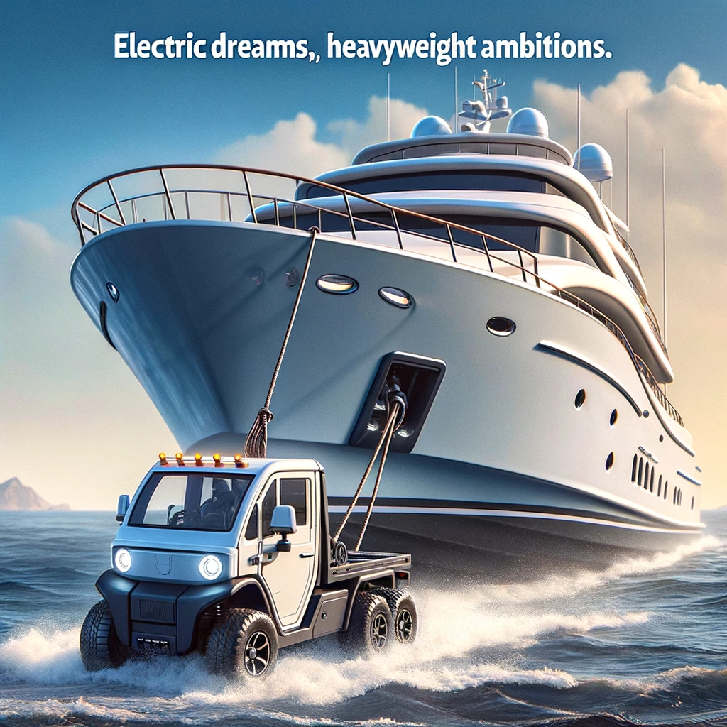 A comical scene of a tiny electric truck trying to tow an enormous yacht, clearly struggling. The caption reads, "Electric dreams, heavyweight ambitions."