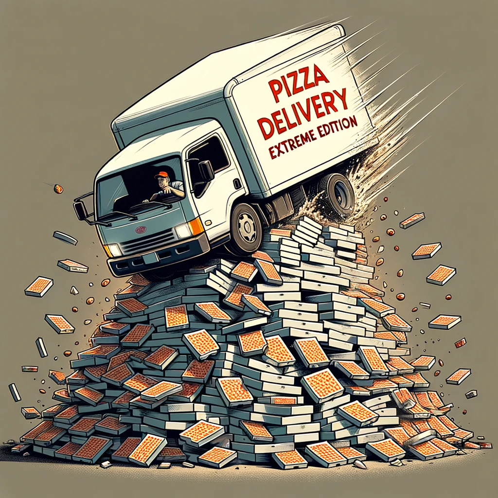 A funny depiction of a delivery truck spilling a mountain of pizza boxes while making a sharp turn. The caption reads, "Pizza delivery: extreme edition."