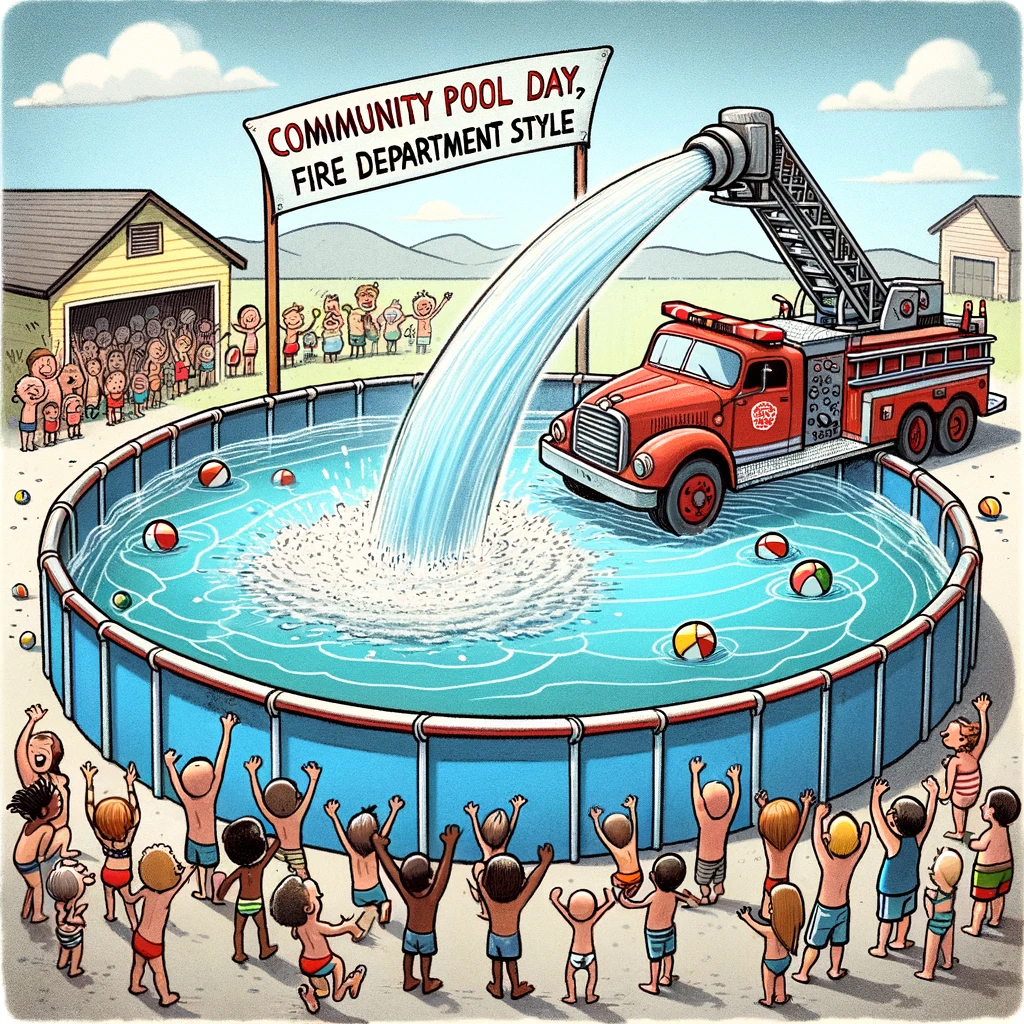 A cartoonish scene of a fire truck spraying water to fill a giant swimming pool, while children cheer. The caption reads, "Community pool day, fire department style."