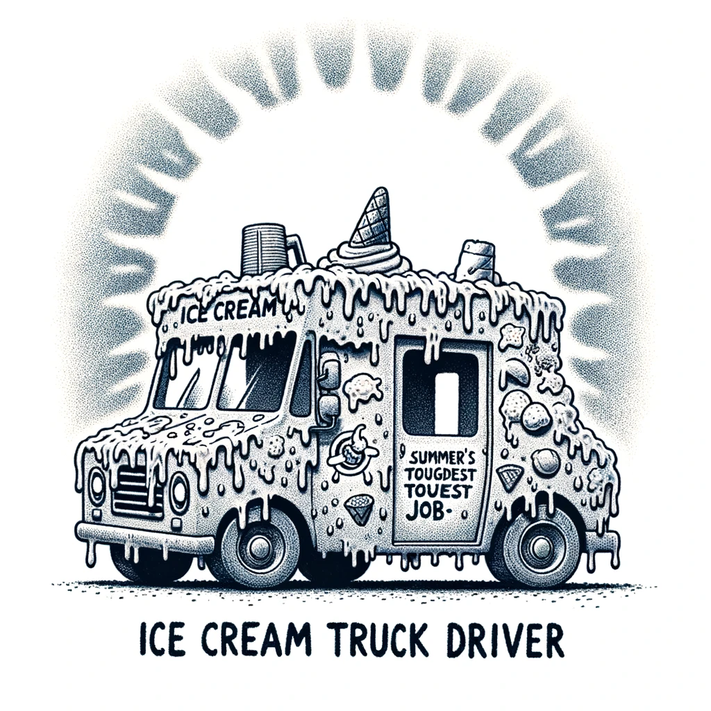 An illustration of a truck made entirely out of ice cream, melting under the sun. The caption reads, "Summer's toughest job: Ice cream truck driver."