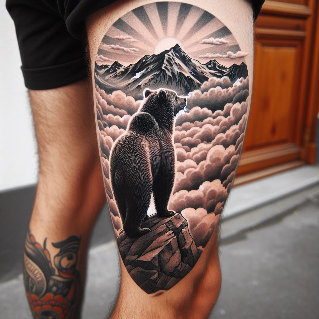 A bear standing atop a rocky peak, looking over a landscape blanketed in clouds, tattooed behind the calf. The design captures a moment of solitude and reflection, emphasizing the bear's role as a symbol of strength and independence. The calf's curve enhances the sense of depth and perspective in the landscape.