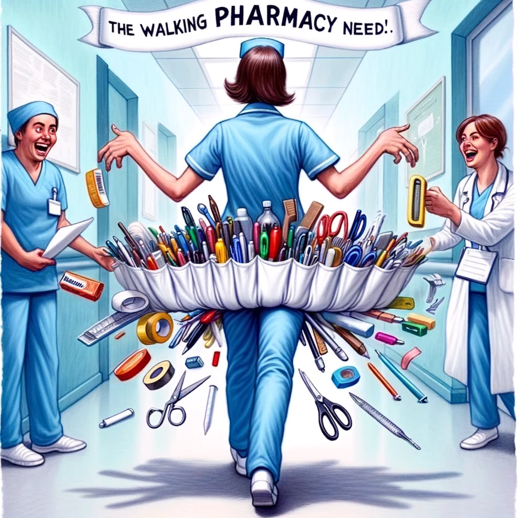 A humorous and slightly exaggerated scene in a hospital where a nurse is pulling out an endless supply of pens, scissors, tape, and other tools from their pockets, much to the amazement of a new staff member. The nurse's pockets seem to defy physics, showcasing the joke that nurses must always be prepared for anything. The environment is light-hearted, capturing the essence of nursing resourcefulness and preparedness. Caption at the bottom reads: "The walking pharmacy: Never know what you'll need."
