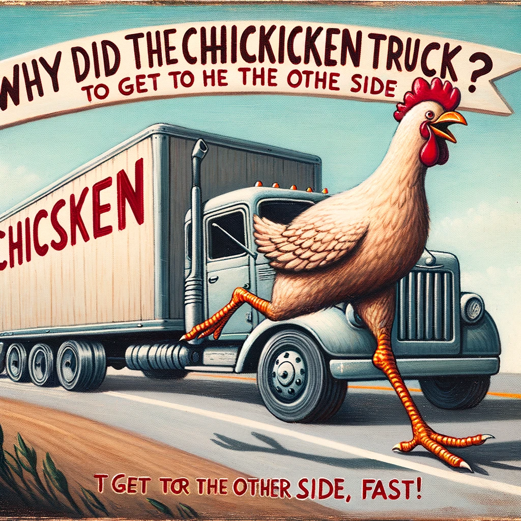A whimsical depiction of a truck with giant chicken legs instead of wheels, sprinting down the highway. The caption reads, "Why did the chicken truck cross the road? To get to the other side, fast!"