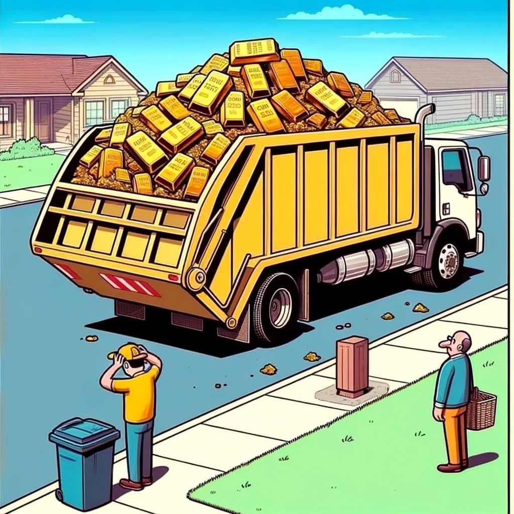 A humorous image of a garbage truck loaded with gold bars, with a confused homeowner watching. The caption reads, "When you're too rich to care about trash day."