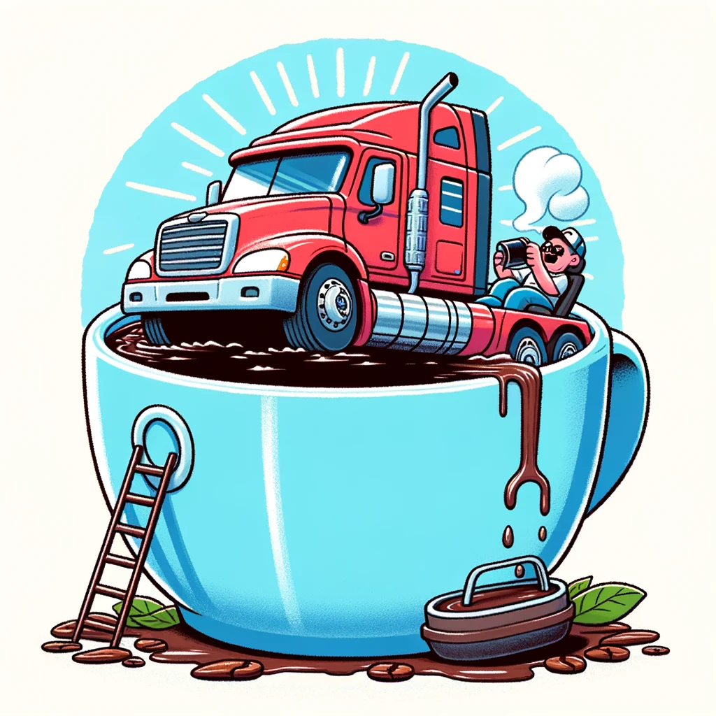 A silly illustration of a truck stuck in a giant coffee cup, with a driver sipping coffee. The caption reads, "How truck drivers get their morning boost."