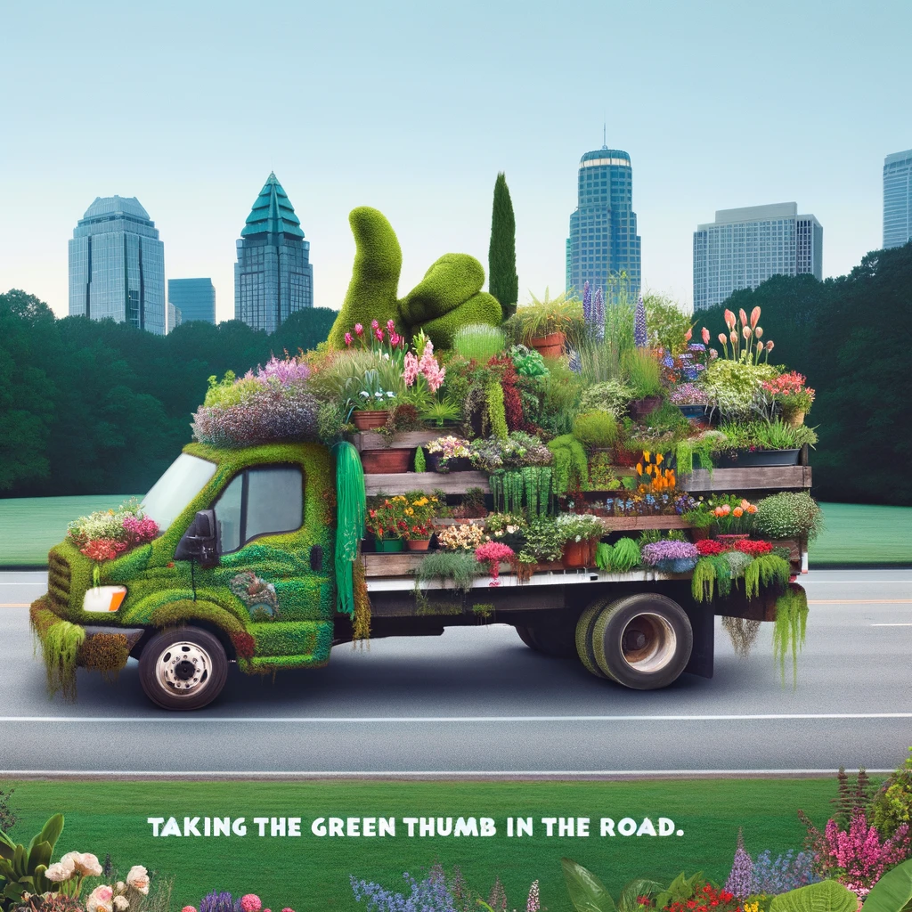 An imaginative image of a landscaper's truck, overgrown with plants and flowers, looking like a moving garden. The caption reads, "Taking the green thumb on the road."