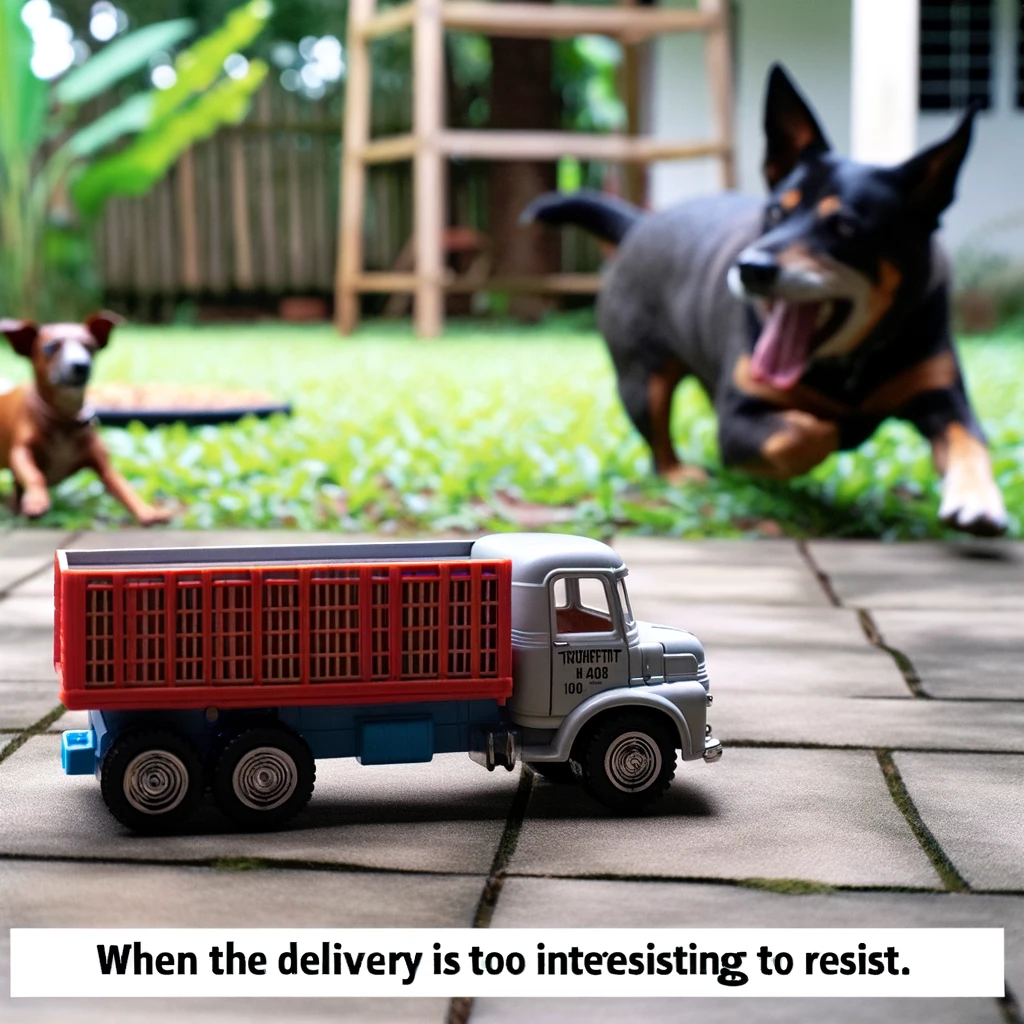 A playful image of a toy truck being chased by a real-sized dog, with the scene taking place in a backyard. The caption reads, "When the delivery is too interesting to resist."