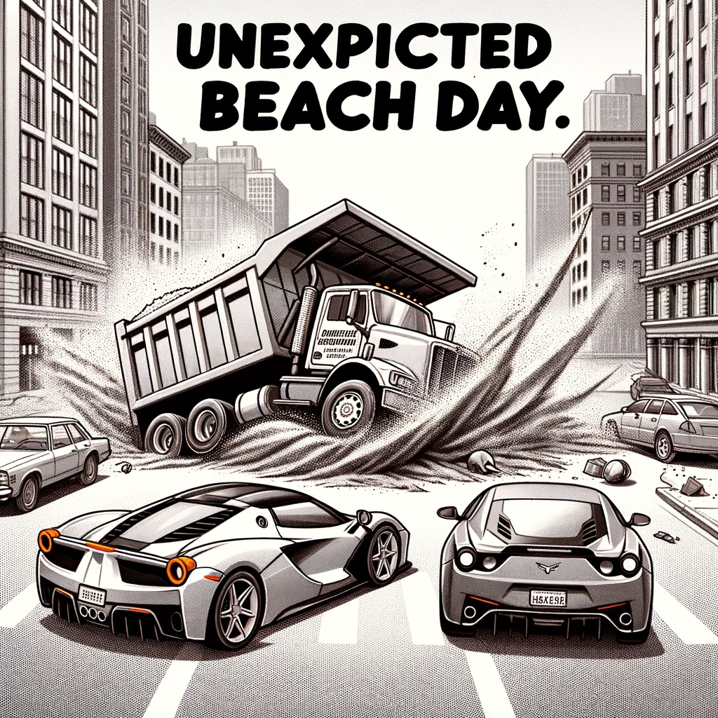 A humorous illustration of a dump truck accidentally dropping a load of sand on a sports car, with the scene occurring in the middle of a city street. The caption reads, "Unexpected beach day."