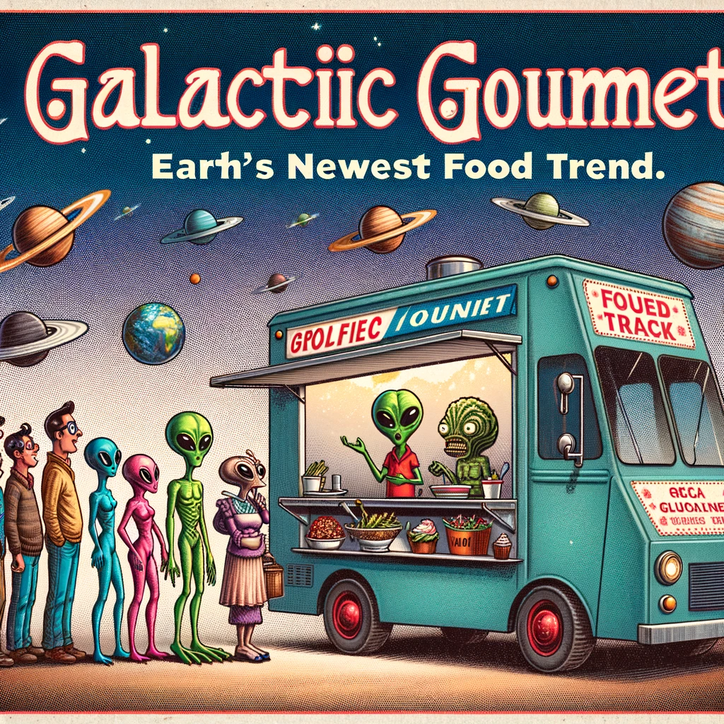 A whimsical image of a food truck selling bizarre alien cuisine, with curious humans and amused aliens in line. The caption reads, "Galactic gourmet: Earth's newest food trend."