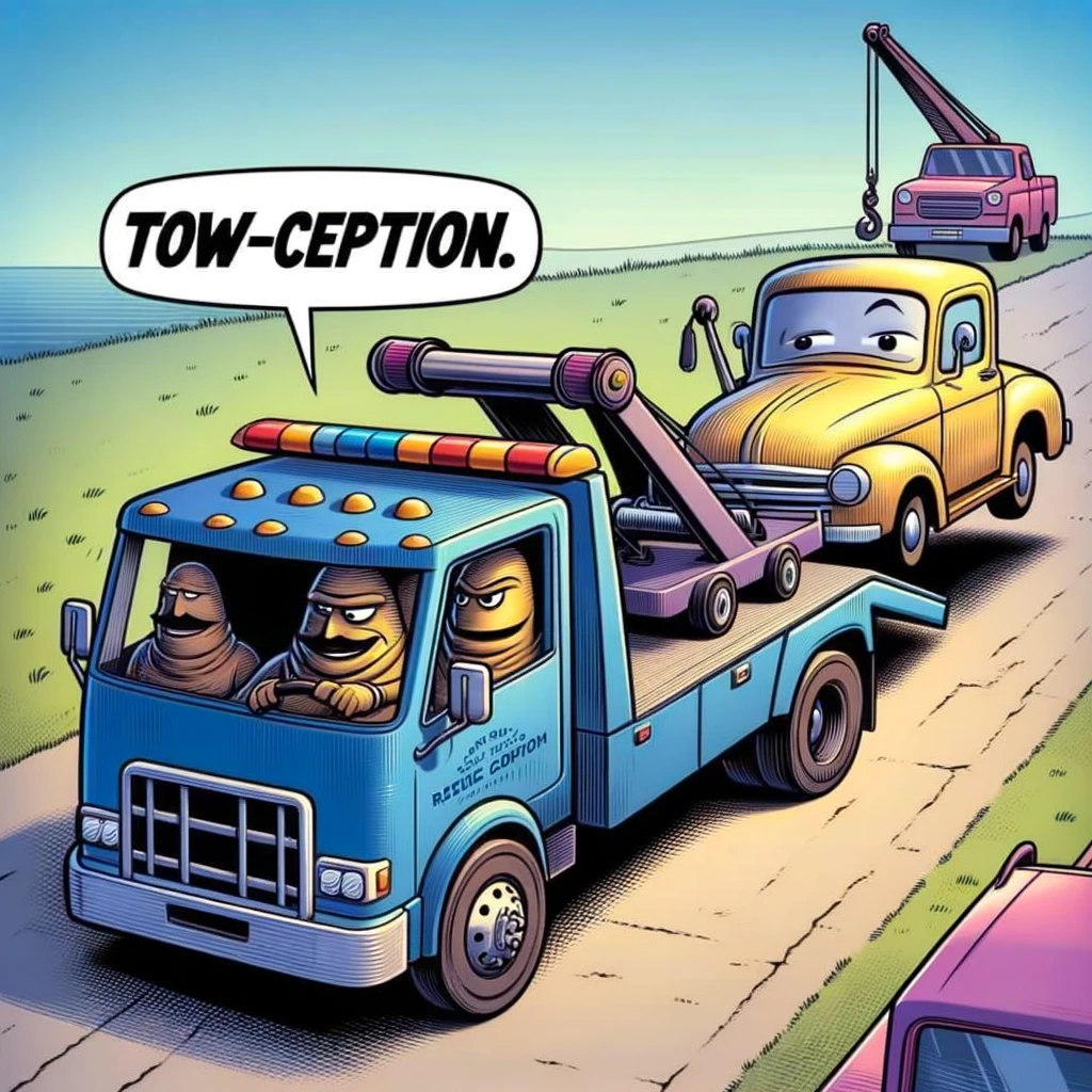 A comical scene of a tow truck towing another tow truck, with a smaller tow truck towing the second one. The caption reads, "Tow-ception: A rescue mission gone awry."