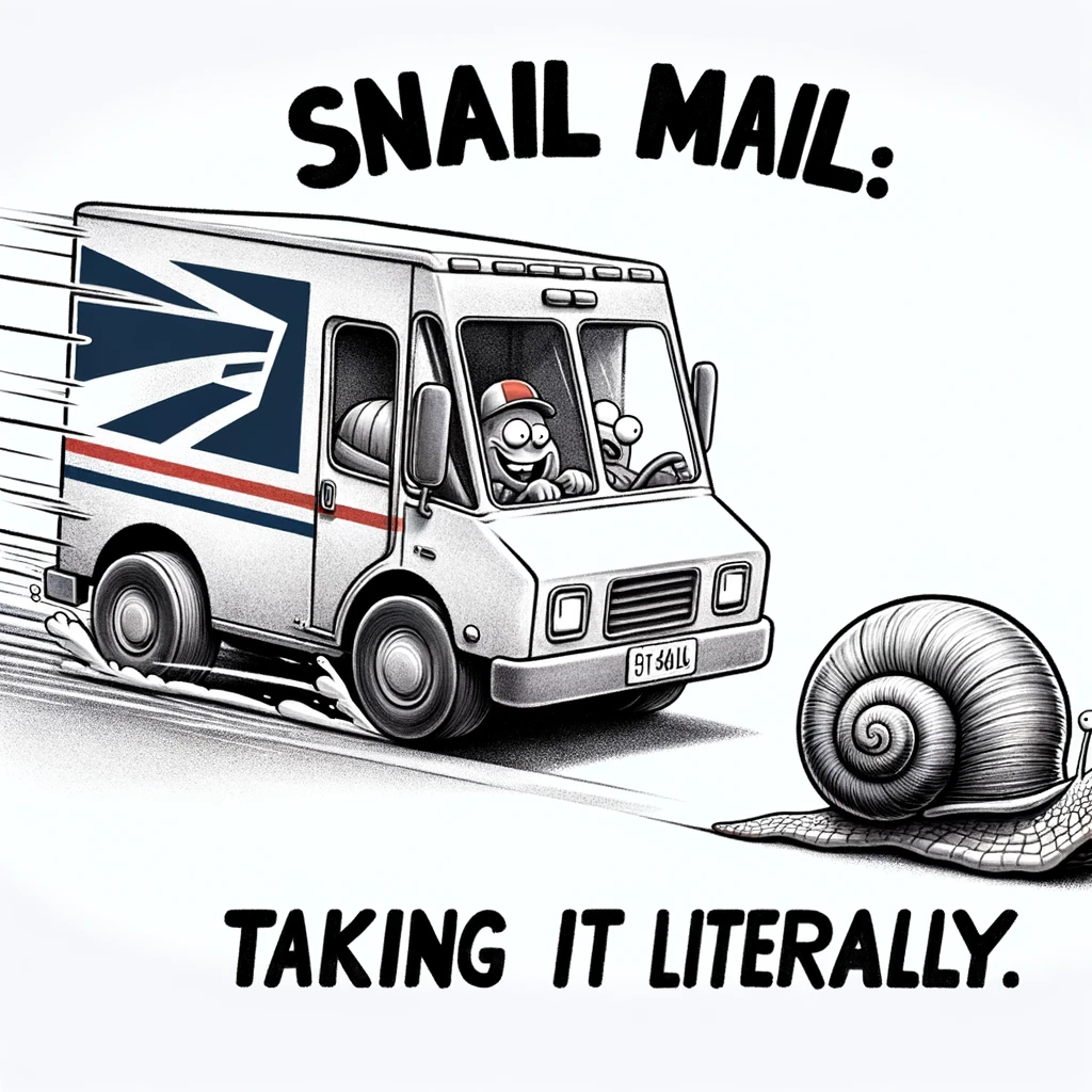 A funny image of a mail delivery truck racing against a snail, with both moving at a comically slow pace. The caption reads, "Snail mail: Taking it literally."