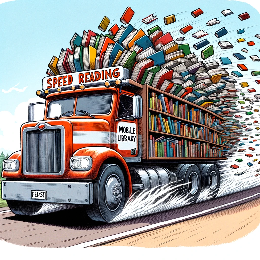 An imaginative illustration of a truck transformed into a mobile library, with books flying out as it speeds down a road. The caption reads, "Speed reading on a whole new level."