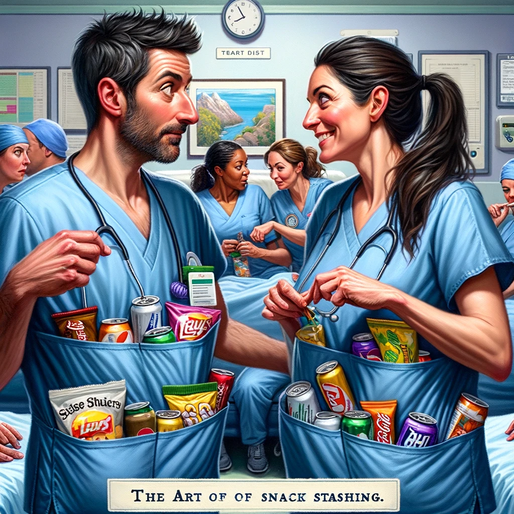 A clever and humorous scene in a hospital where a nurse is shown hiding their favorite snacks in various pockets of their scrubs. They share a knowing look with another nurse who is doing the same, highlighting the camaraderie and survival tactics among staff. The environment is lively and relatable to anyone who understands the need for quick energy boosts during busy shifts. Caption at the bottom reads: "Survival of the fittest: The art of snack stashing."
