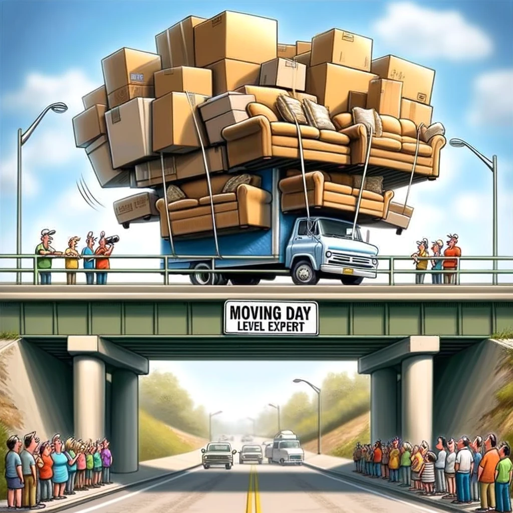 A humorous depiction of a moving truck packed so high with furniture it barely fits under an overpass, with onlookers in shock. The caption reads, "Moving day: Level expert."