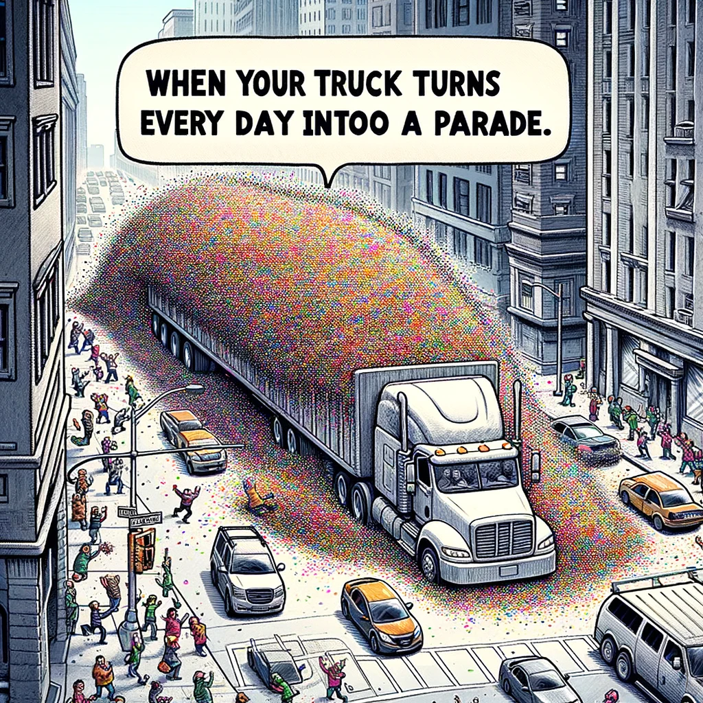 A comical illustration of a truck spilling a massive load of confetti onto a city street, causing a festive traffic jam. The caption reads, "When your truck turns every day into a parade."