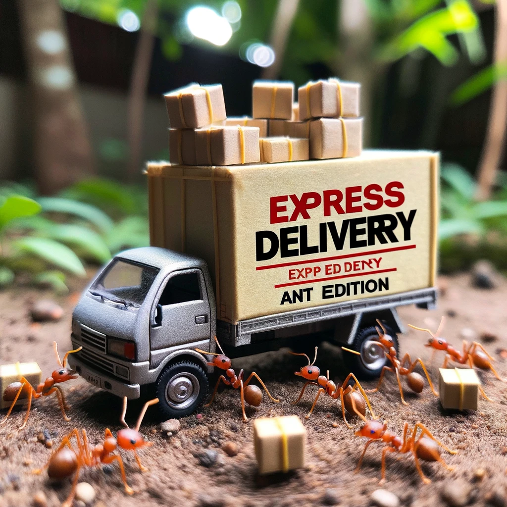 An endearing scene of a miniature truck being loaded with tiny packages by ants, set in a backyard. The caption reads, "Express delivery: Ant edition."