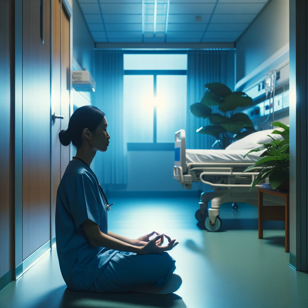 A serene and contemplative scene in a quiet corner of a hospital, where a nurse is found sitting calmly, meditating or taking a deep breath before starting their shift. The contrast between the nurse's peaceful moment and the anticipated hustle of the hospital environment is striking. This image captures the importance of mental well-being and finding peace amidst chaos. Caption at the bottom reads: "Finding peace in the chaos: The calm before the shift."