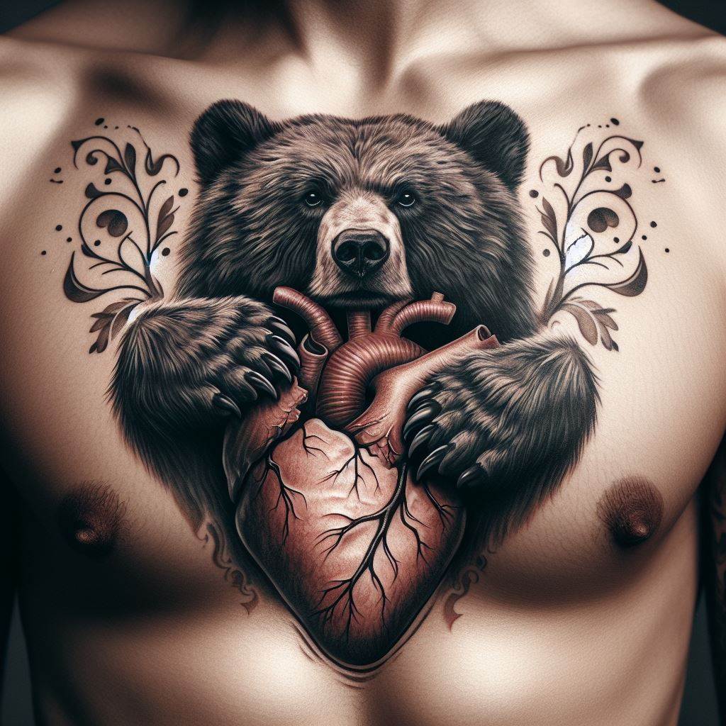 A tattoo directly over the heart on the chest, featuring a bear with its paw over a human heart. The design intertwines the bear's fur with the heart's arteries, symbolizing a deep connection with one's inner strength and emotions. This powerful imagery serves as a reminder of the courage and love that resides within.