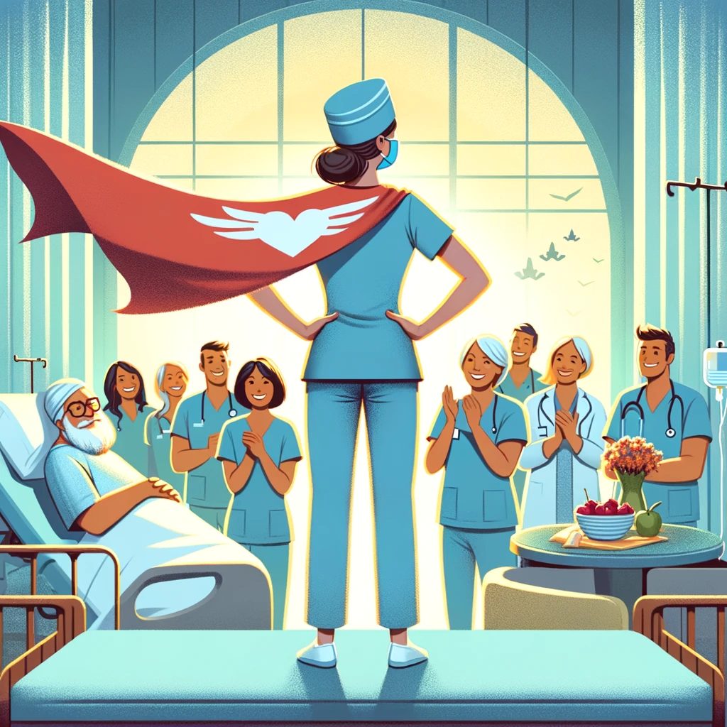 An inspiring scene where a nurse wears a superhero cape made out of a hospital blanket, standing heroically with hands on hips. Behind them, grateful patients and staff look on, representing the appreciation and admiration for the hard work and dedication of nurses. The environment is uplifting, with a touch of whimsy to symbolize the extraordinary contributions nurses make every day. Caption at the bottom reads: "Not all heroes wear capes, but sometimes we do."
