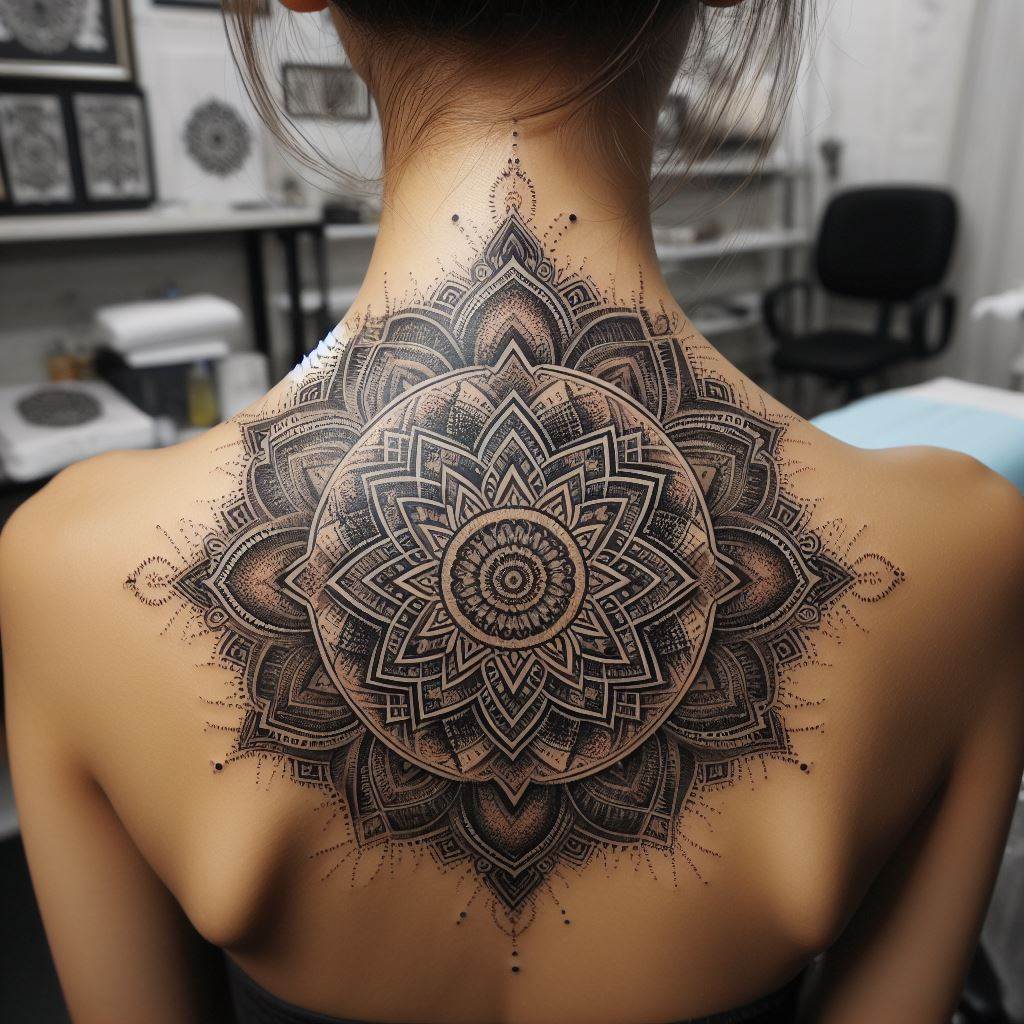 A detailed mandala tattoo covering the back of the neck, featuring intricate geometric patterns and dot work.