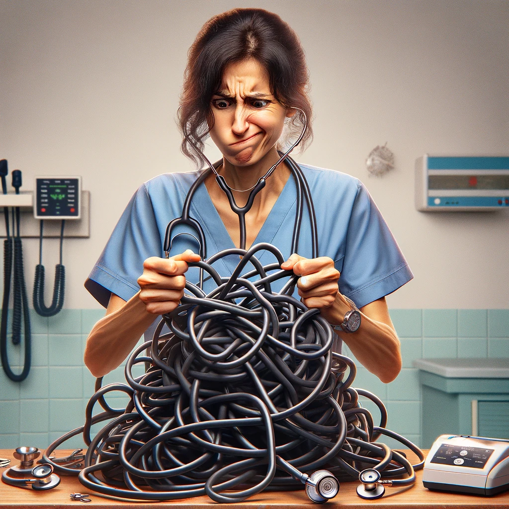 A scene filled with comedic frustration where a nurse is trying to untangle an impossibly knotted bunch of stethoscopes. The nurse's expression is a mix of puzzlement and mild annoyance, humorously depicting the daily challenges faced in the healthcare environment. The background should be a nurse's station or similar, adding to the realism of the situation. Caption at the bottom reads: "The daily struggle: Stethoscope or puzzle?"
