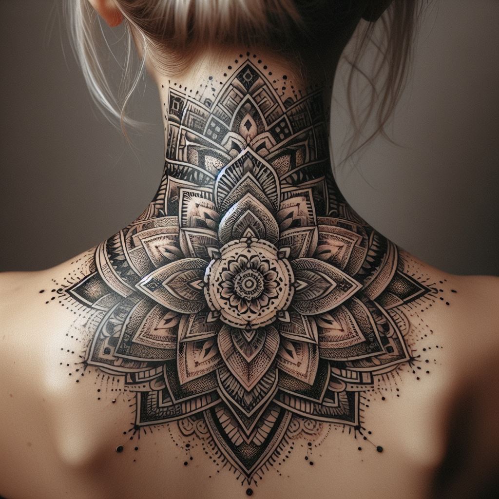 A detailed mandala tattoo covering the back of the neck, featuring intricate geometric patterns and dot work.