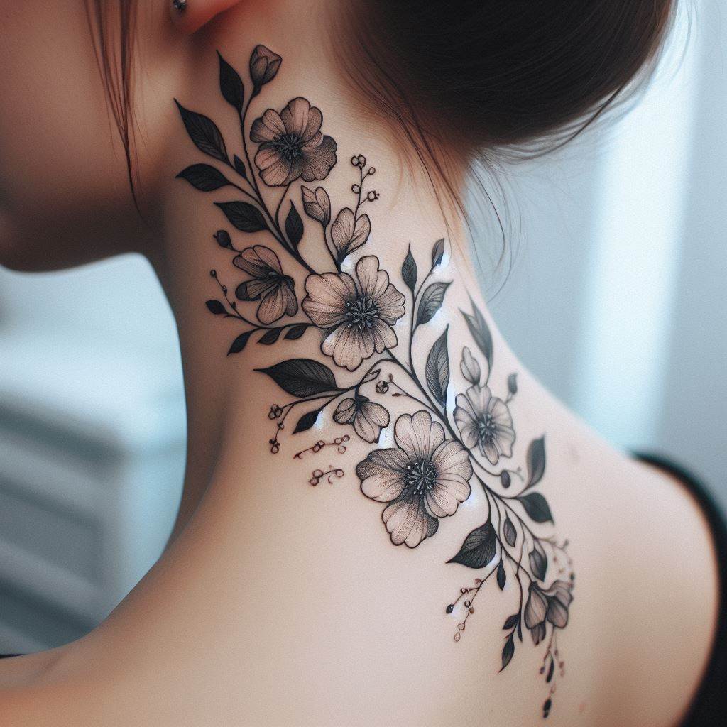 An elegant floral tattoo on the side of the neck, with delicate flowers and leaves cascading downwards.