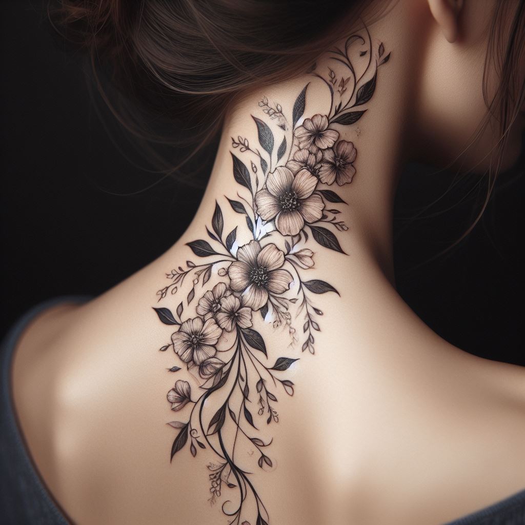 An elegant floral tattoo on the side of the neck, with delicate flowers and leaves cascading downwards.