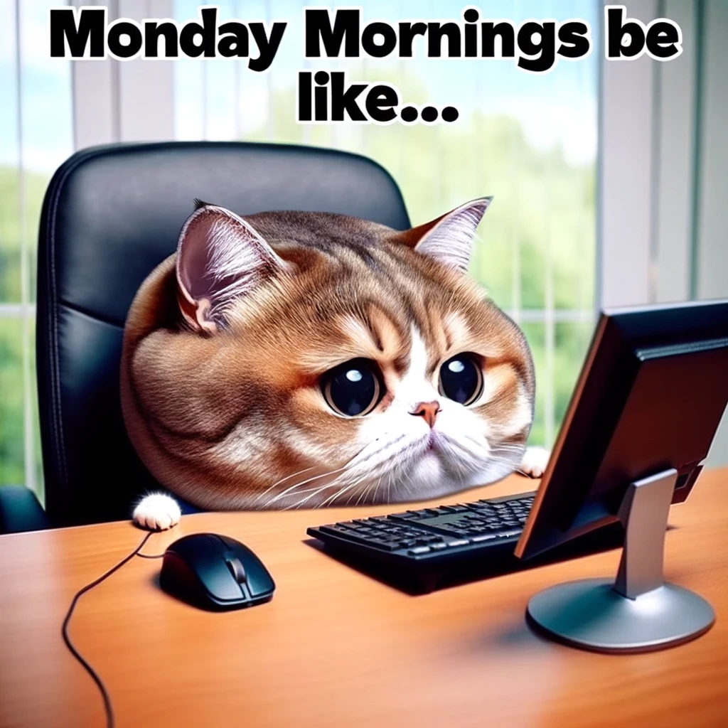 A playful and exaggerated big head meme featuring a cat with an oversized head, sitting in an office chair, looking at a computer screen with an expression of utter confusion. The caption reads, "Monday mornings be like..."