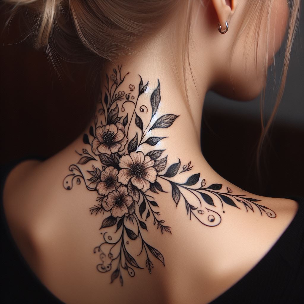 An elegant floral tattoo on the side of the neck, with delicate flowers and leaves cascading downwards.