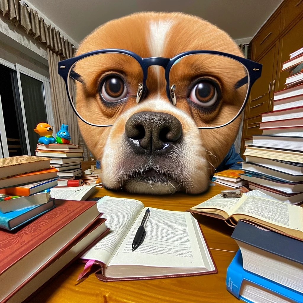 A humorous big head meme showing a dog with a huge head wearing glasses, surrounded by piles of books, looking intensely at the camera. The caption reads, "When you try to cram the night before the exam."
