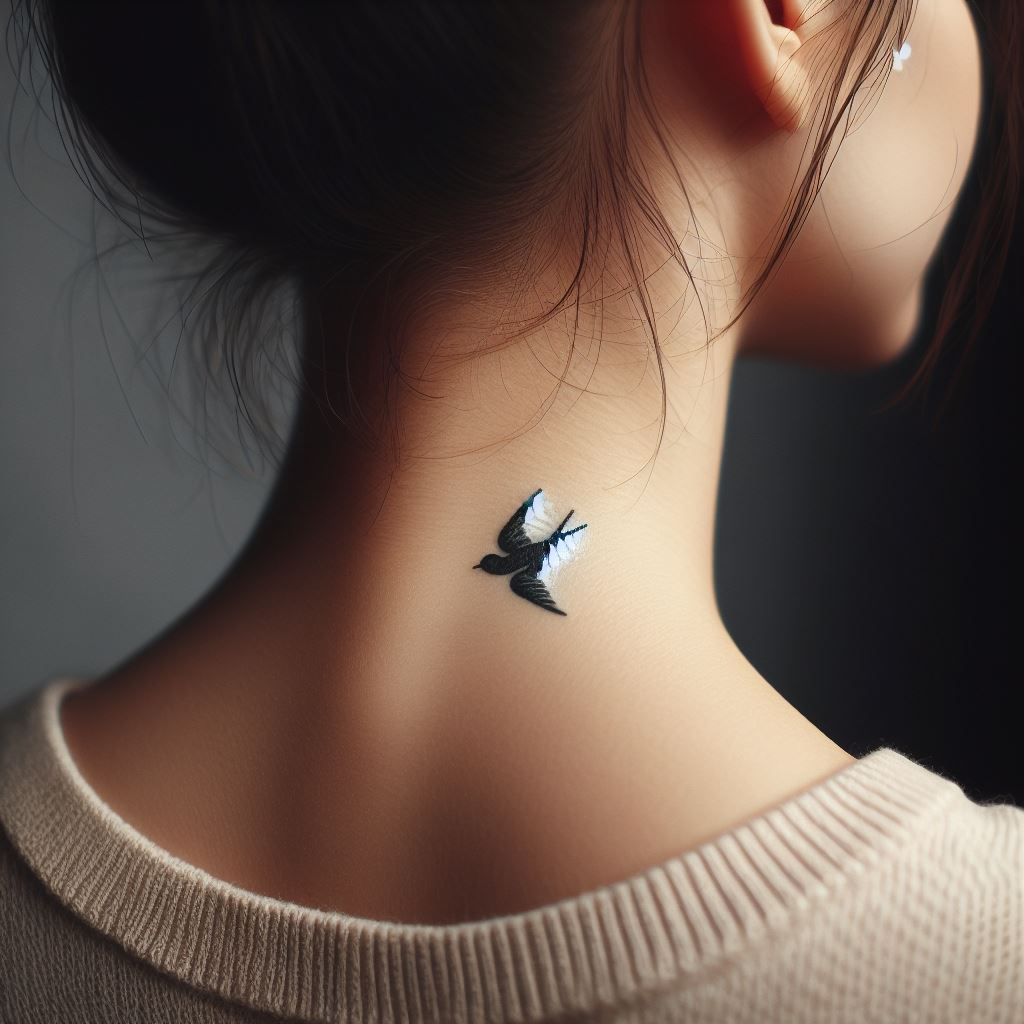 A minimalist tattoo of a small bird in flight, positioned at the nape of the neck, symbolizing freedom.