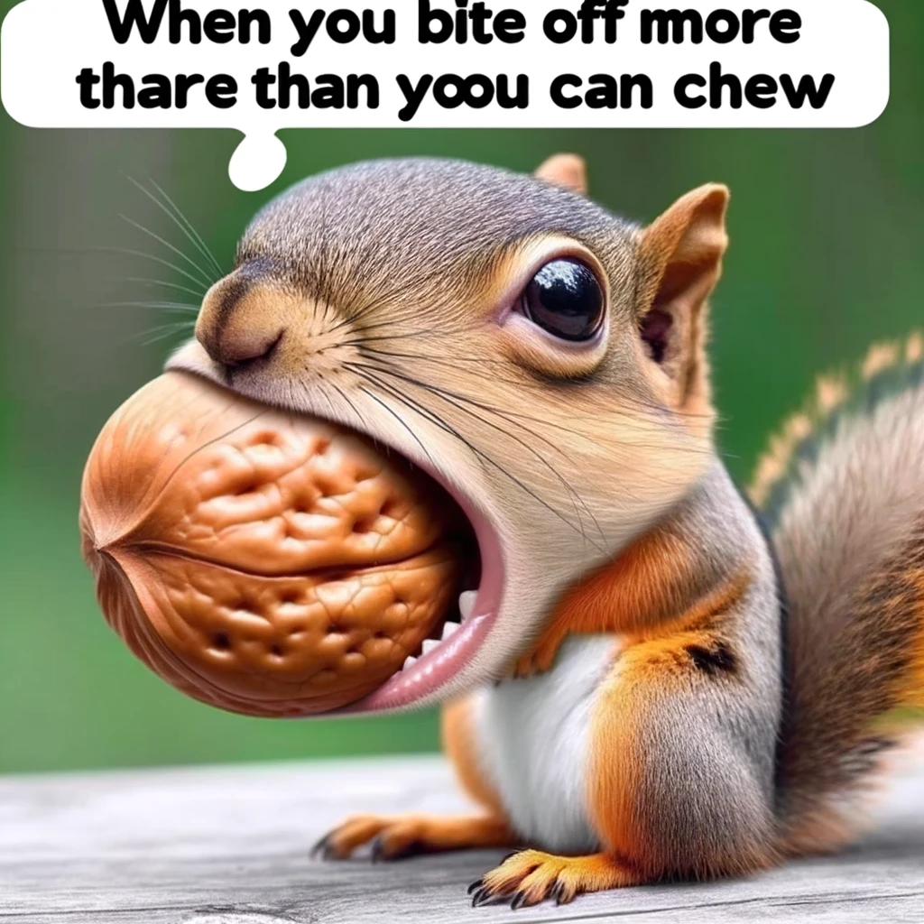 An amusing big head meme featuring a squirrel with a gigantic head, attempting to fit a whole nut into its mouth. The caption reads, "When you bite off more than you can chew."