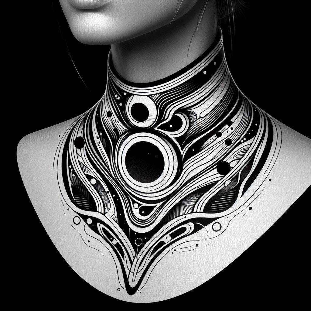 An abstract tattoo with bold lines and shapes, wrapping around the entire neck like a choker.