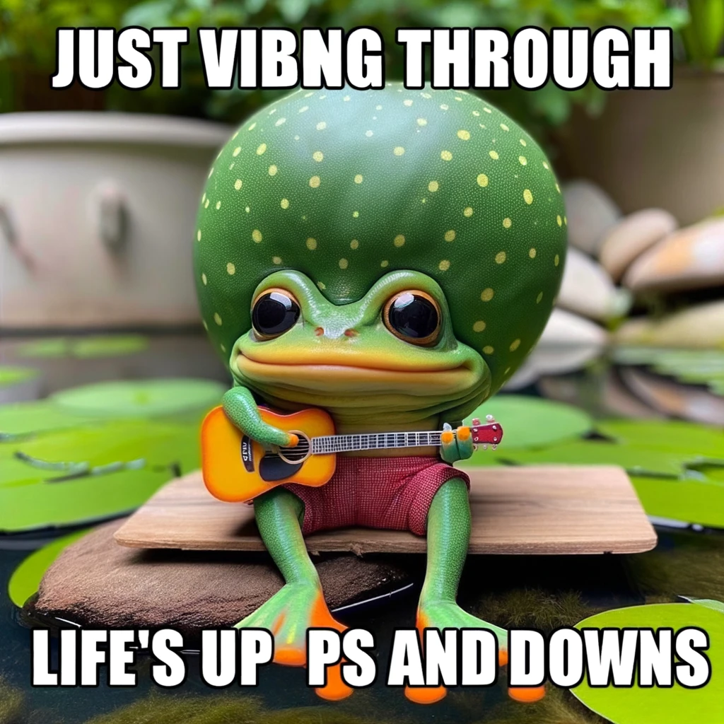 A hilarious big head meme depicting a frog with a massive head, sitting on a lily pad, playing a tiny guitar. The caption reads, "Just vibing through life's ups and downs."