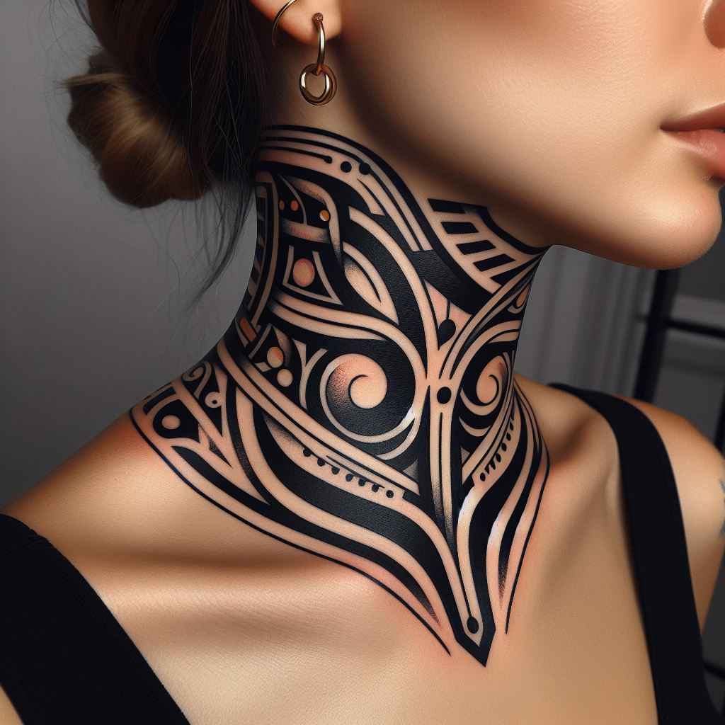 An abstract tattoo with bold lines and shapes, wrapping around the entire neck like a choker.