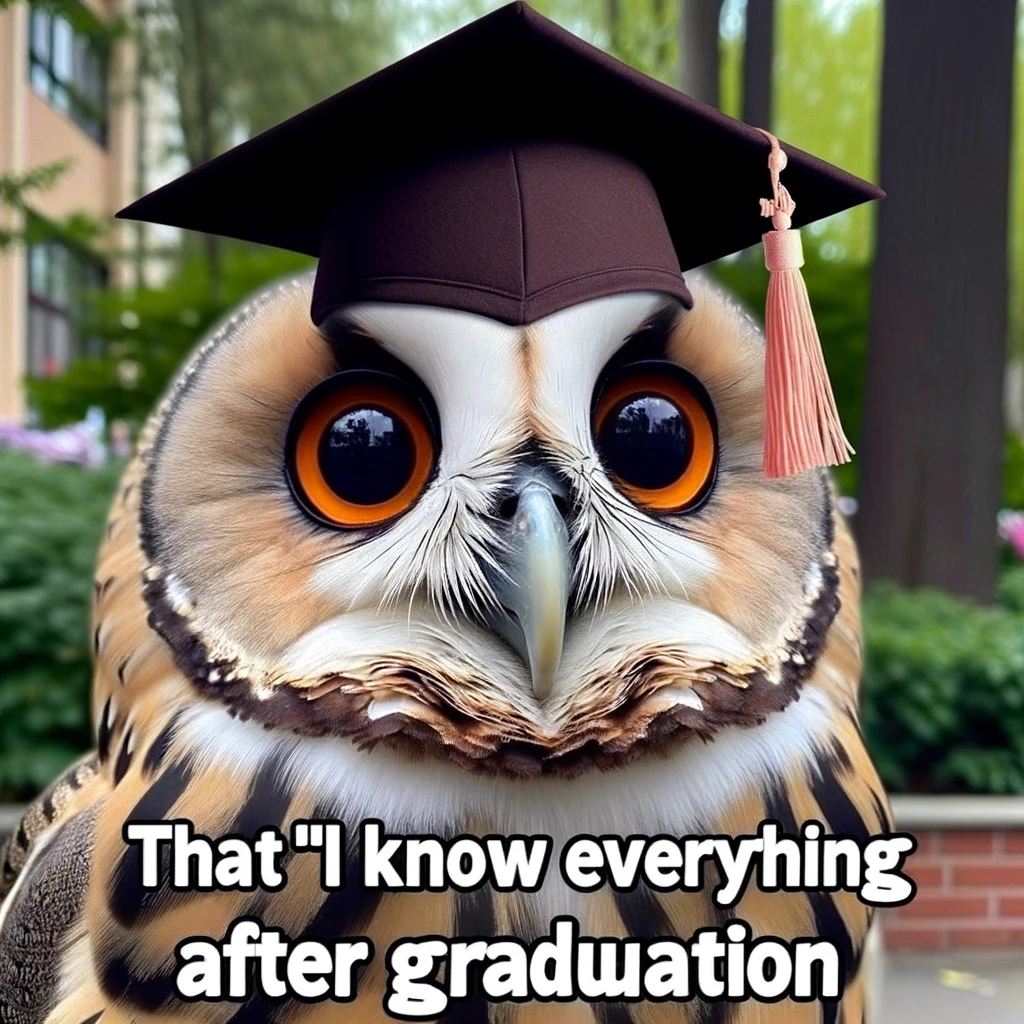 A comical big head meme featuring an owl with an oversized head, wearing a graduation cap, looking seriously at the camera. The caption reads, "That 'I know everything' phase after graduation."