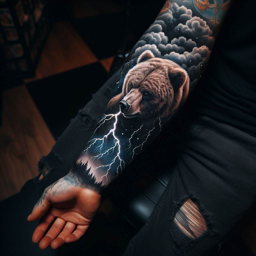 A sleeve that extends from the wrist to the elbow, depicting a bear amid a thunderstorm, with lightning illuminating its figure. The tattoo captures the raw power of nature and the bear's unyielding spirit, using contrast between the dark storm clouds and the bright flashes of lightning to highlight the bear's resilience.