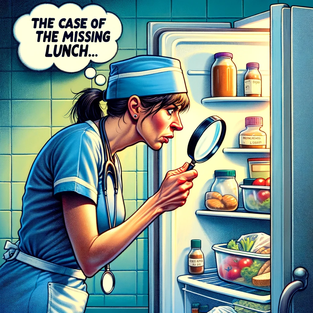 A nurse, magnifying glass in hand, peering into an open refrigerator, searching for their missing, clearly labeled lunch. The fridge is sparsely filled, emphasizing the absence of the lunch. The nurse's expression is one of determination and curiosity, embodying the role of a detective trying to solve a mystery. A thought bubble above their head reads, "The case of the missing lunch: A nurse's greatest mystery." The scene captures a mix of humor and relatable frustration, set in a hospital break room.