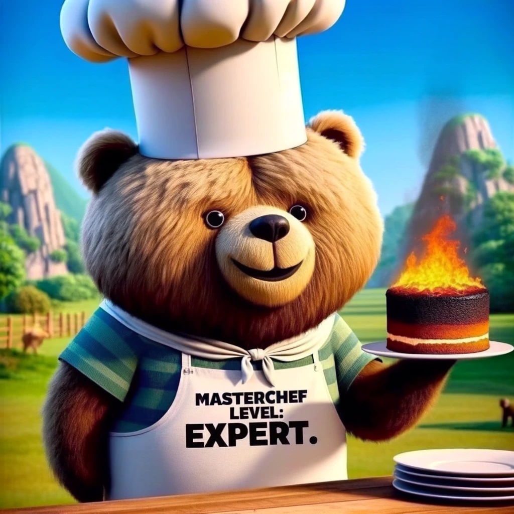 A whimsical big head meme of a bear with a huge head, wearing a chef's hat and apron, proudly presenting a burnt cake. The caption reads, "Masterchef level: Expert."