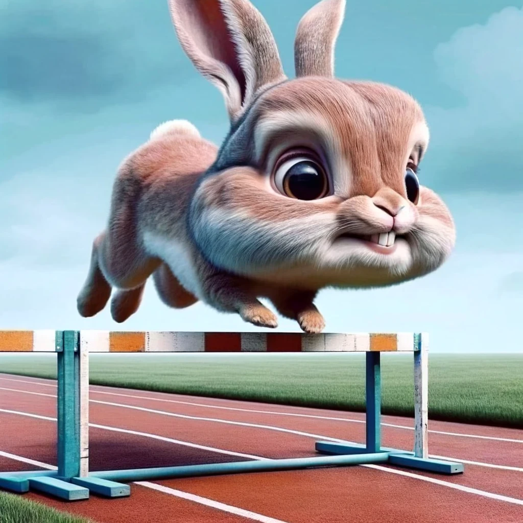 A delightful big head meme showing a rabbit with an enormous head, jumping over a hurdle, with an expression of sheer determination. The caption reads, "When you're late but still trying to make it on time."