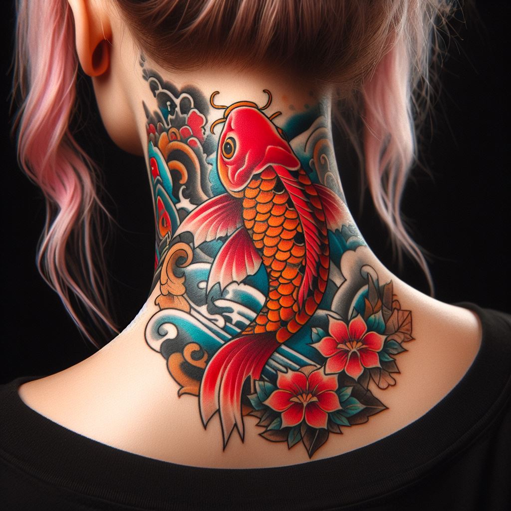 A traditional Japanese tattoo on the back of the neck, showcasing a vibrant koi fish swimming upwards.